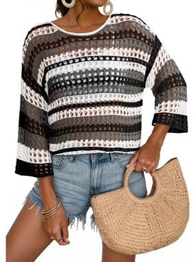 Women's Black Sleeve Crochet Sweater Hollow Block  Cover Ups Striped Tops